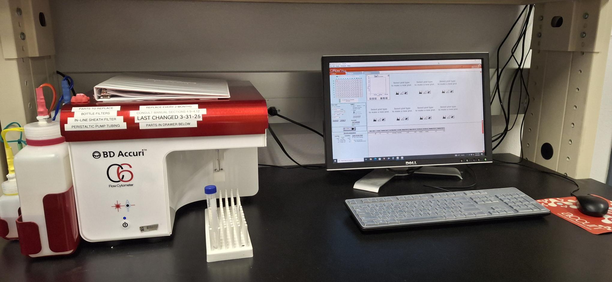 Laboratory bench with a BD Accuri C6 flow cytometer connected to a desktop computer showing analysis software, with sample tubes and reagent bottles nearby.