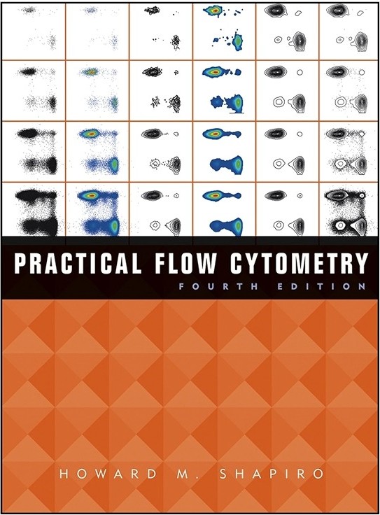 Book cover with a grid of flow cytometry scatter and contour plots above the title “Practical Flow Cytometry, Fourth Edition,” and an orange geometric pattern with the author name Howard M. Shapiro